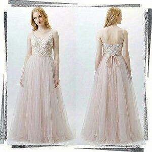 NWOT: Blush / Cashmere Pearl Beaded Lace & Tulle Ballgown with Ribbon Belt